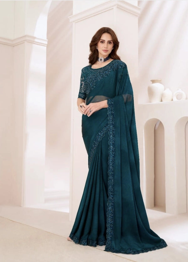 Deep Teal Embroidered Saree with Sequin Work & Designer Border