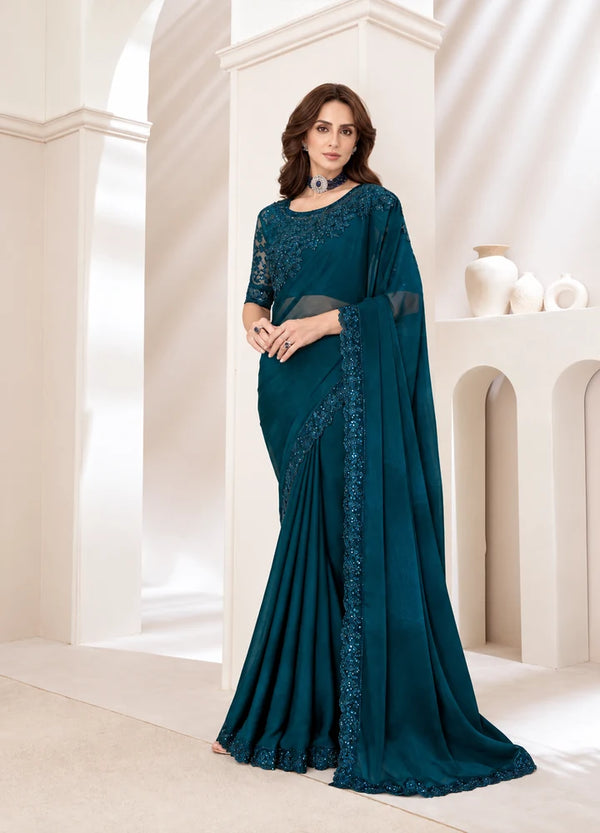 Deep Teal Embroidered Saree with Sequin Work & Designer Border