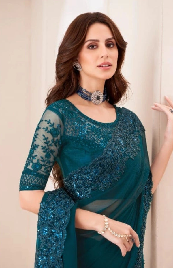 Deep Teal Embroidered Saree with Sequin Work & Designer Border