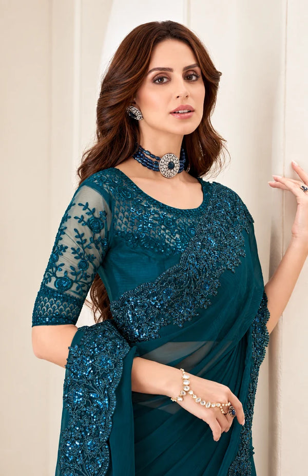 Deep Teal Embroidered Saree with Sequin Work & Designer Border