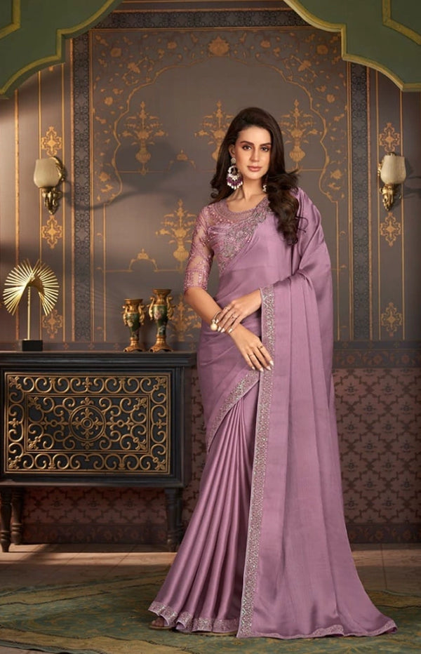 Mauve Purple Designer Saree with Floral Embroidery & Embellished Border