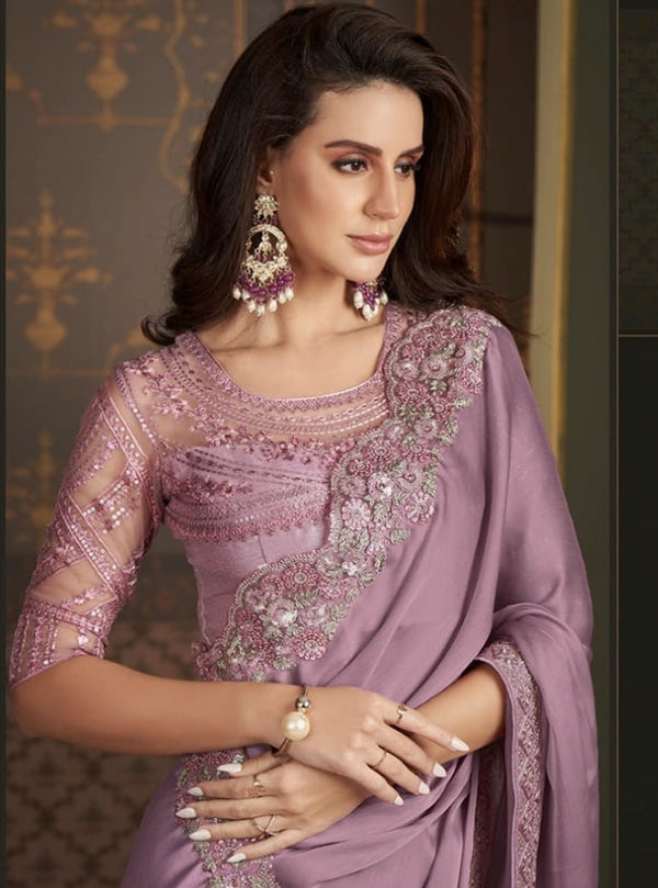 Mauve Purple Designer Saree with Floral Embroidery & Embellished Border
