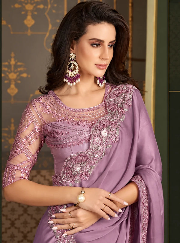 Mauve Purple Designer Saree with Floral Embroidery & Embellished Border