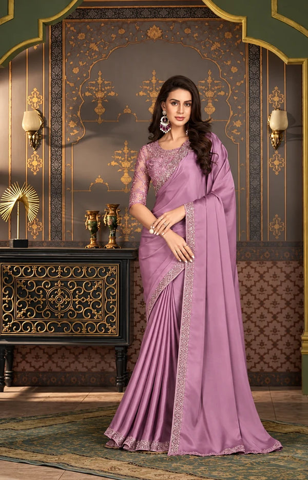 Mauve Purple Designer Saree with Floral Embroidery & Embellished Border