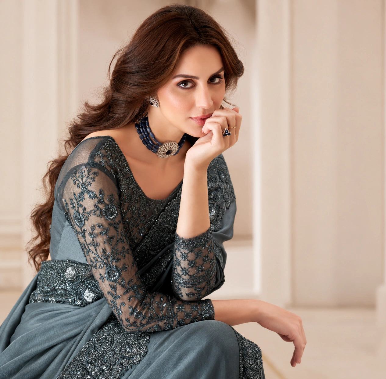 Charcoal Grey Designer Saree with Sequin Embroidery & Lace Border