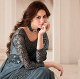 Charcoal Grey Designer Saree with Sequin Embroidery & Lace Border