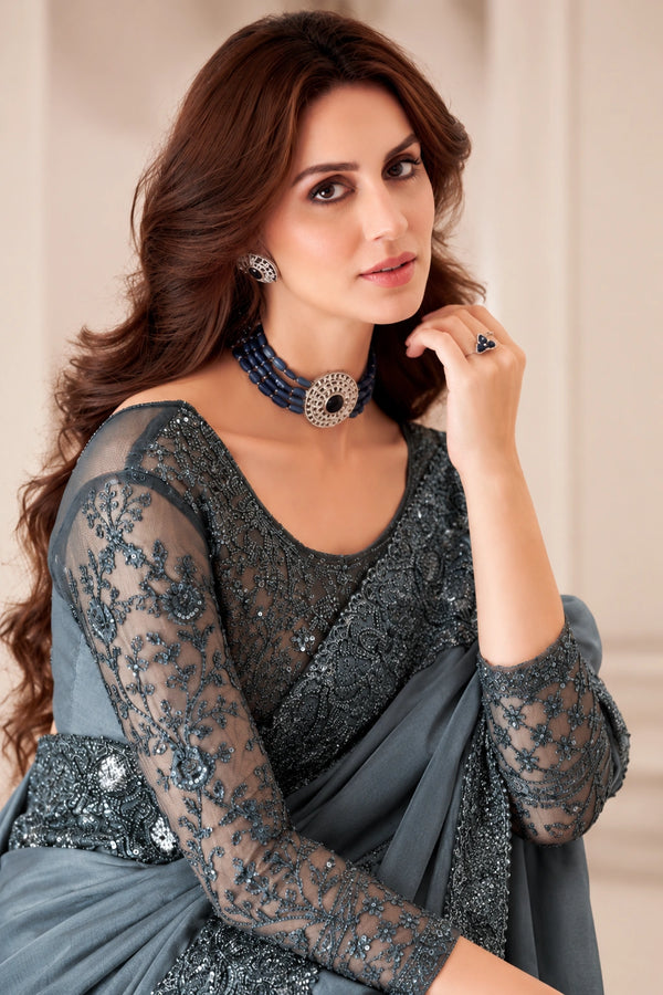 Charcoal Grey Designer Saree with Sequin Embroidery & Lace Border