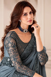Charcoal Grey Designer Saree with Sequin Embroidery & Lace Border