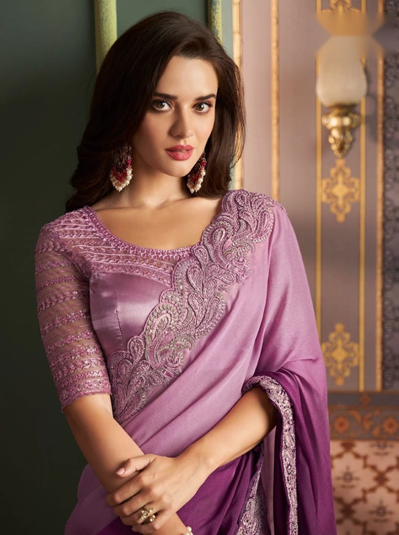 Mauve Purple Designer Saree with Intricate Embroidered Border & Designer Blouse