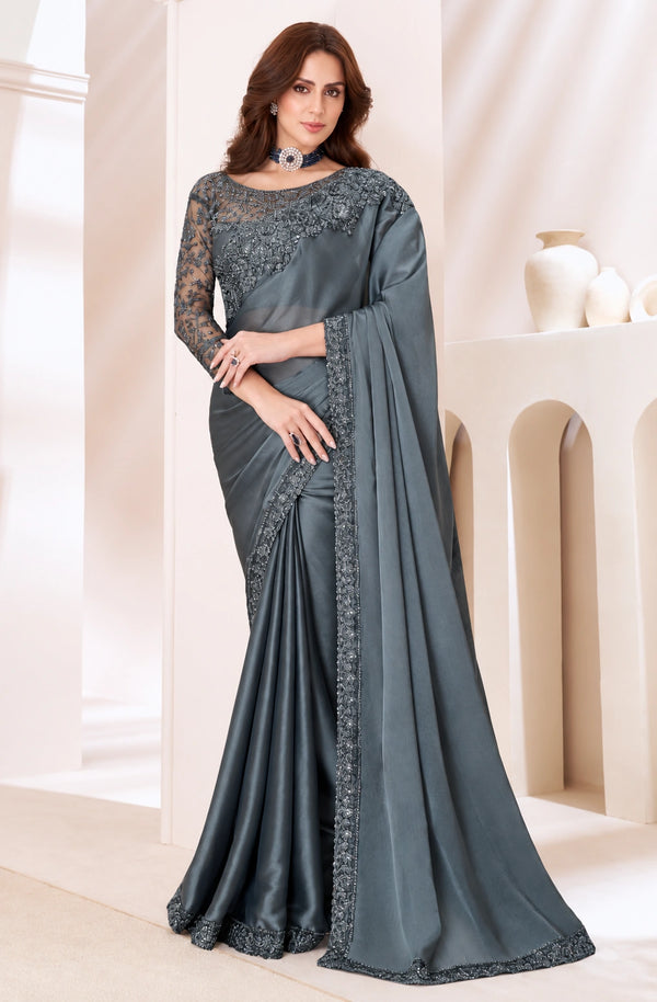 Charcoal Grey Designer Saree with Sequin Embroidery & Lace Border