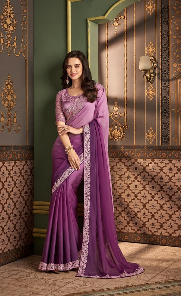 Mauve Purple Designer Saree with Intricate Embroidered Border & Designer Blouse