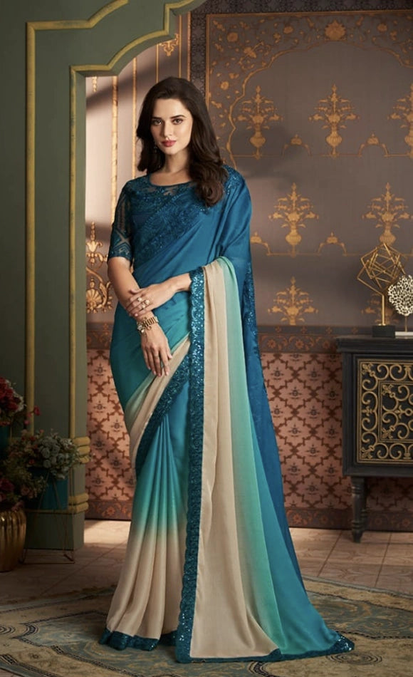 Teal Blue Designer Saree with Intricate Embroidery & Contrast Ivory Pallu
