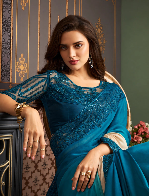 Teal Blue Designer Saree with Intricate Embroidery & Contrast Ivory Pallu