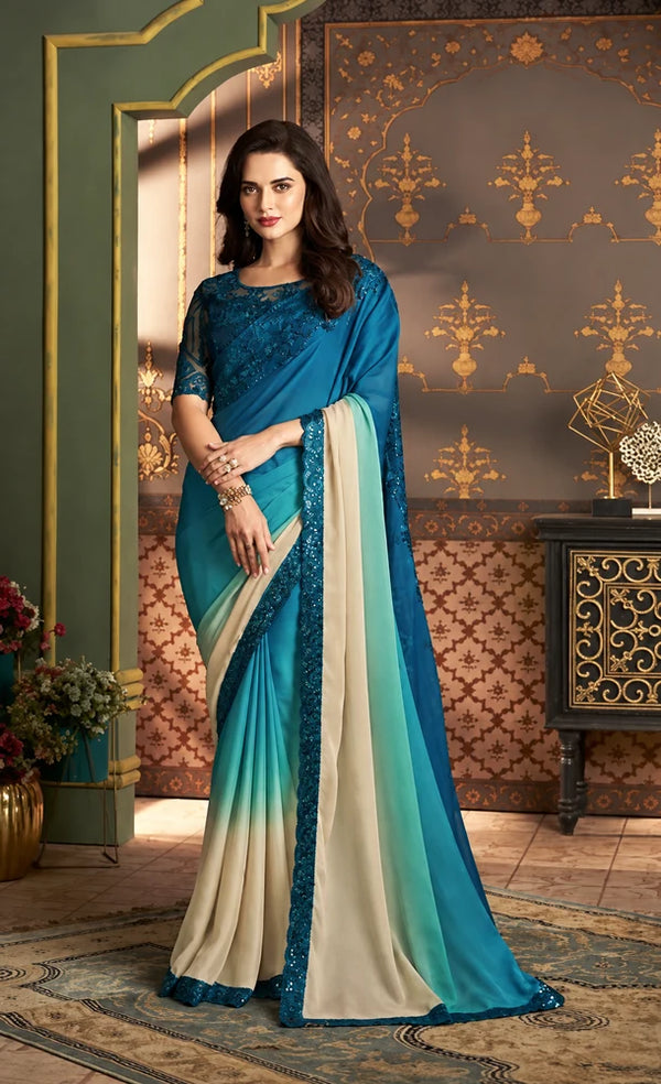 Teal Blue Designer Saree with Intricate Embroidery & Contrast Ivory Pallu