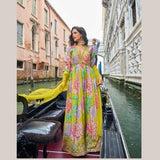 Yellow Floral Chinon Silk Anarkali Gown