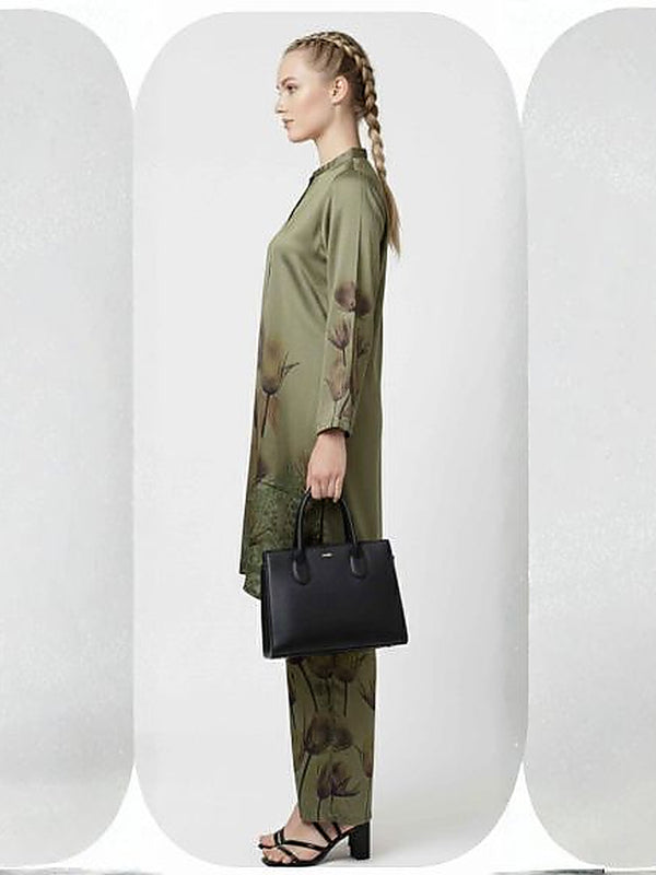 Olive Floral Satin Silk Formal Coord Set for Women