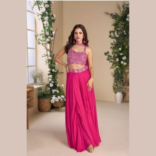 Fuchsia Pink Designer Indo Western Dress with Palazzo & Dupatta
