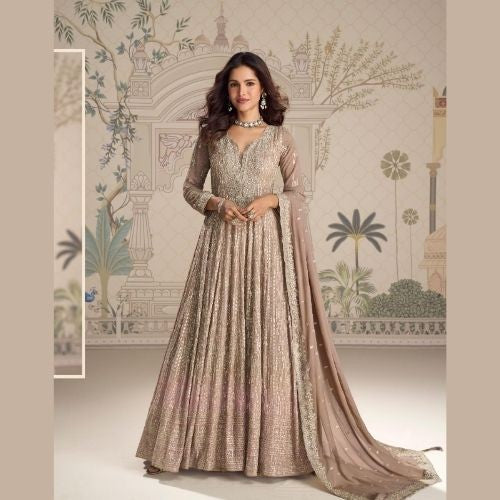 Golden Beige Party Wear Anarkali Gown with Dupatta