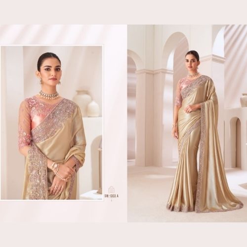 Golden Beige Designer Satin Saree with Embroidery & Satin Silk Blouse