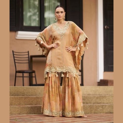 Premium Golden Kaftan Dress with Gharara & Hand Embellished Gota Patti