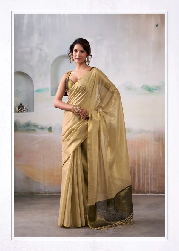Elegant Golden Tissue Silk Saree with Black Border – Premium Soft Tissue Silk