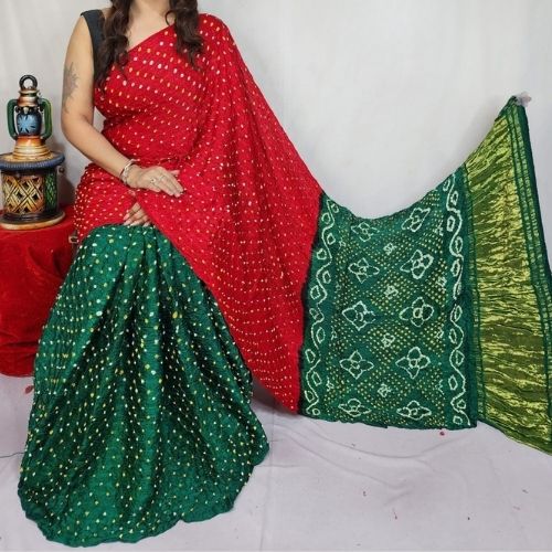 Green/Red Modal Silk Bandhni Saree with Blouse