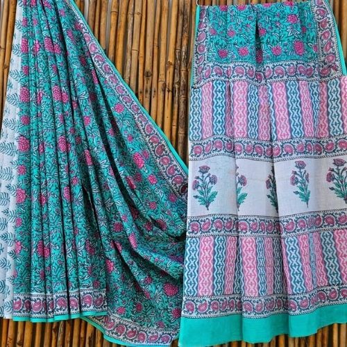 Green and White Floral Print Mulmul Cotton Saree with Pink Motifs