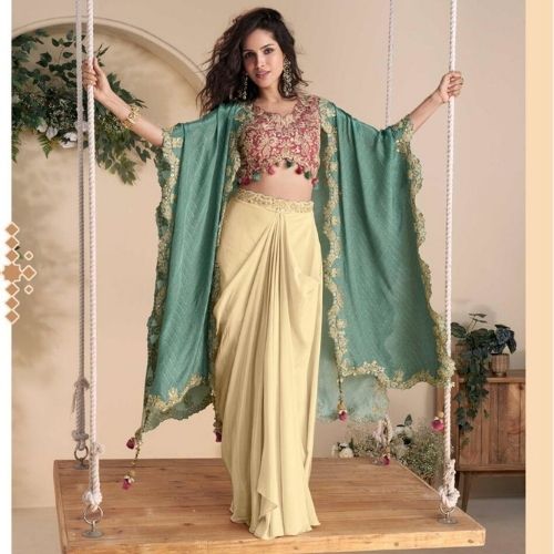 Green & Beige Indo Western Chinon Silk Dress with Embroidered Shrug