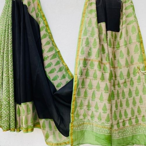 Green & Black Chanderi Silk Saree with Leaf Motif Print