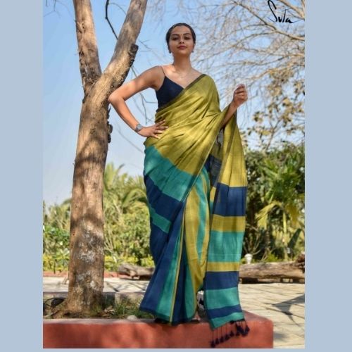 Elegant Green & Blue Khadi Cotton Saree – Handloom Soft Pure Cotton