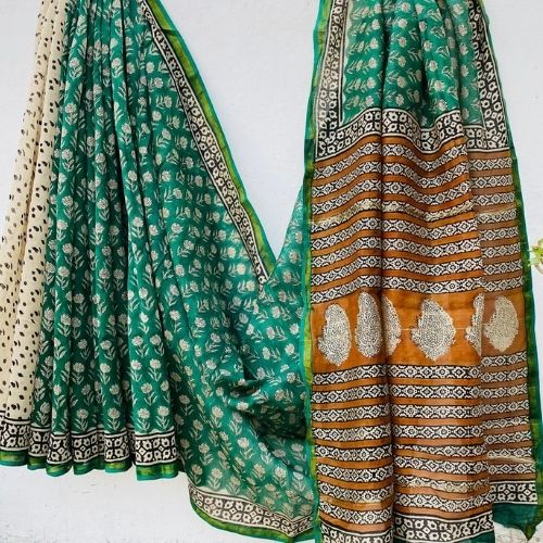 Green Chanderi Silk Saree with Mustard Pallu and Printed Border