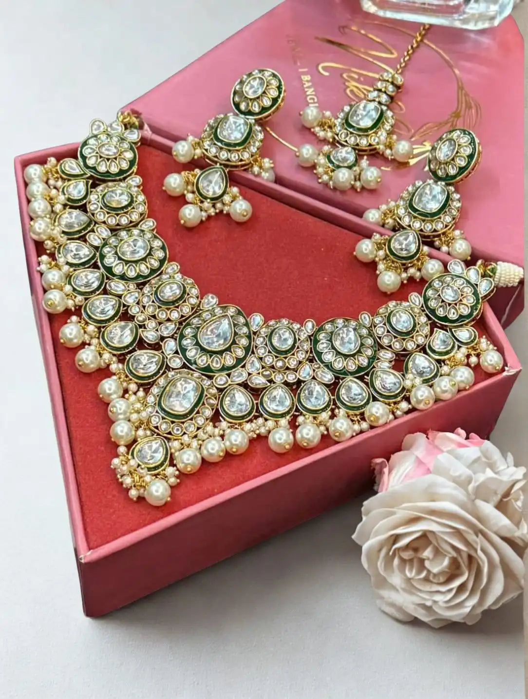 Green Kundan & Polki Bridal Necklace Set with Pearl Drops