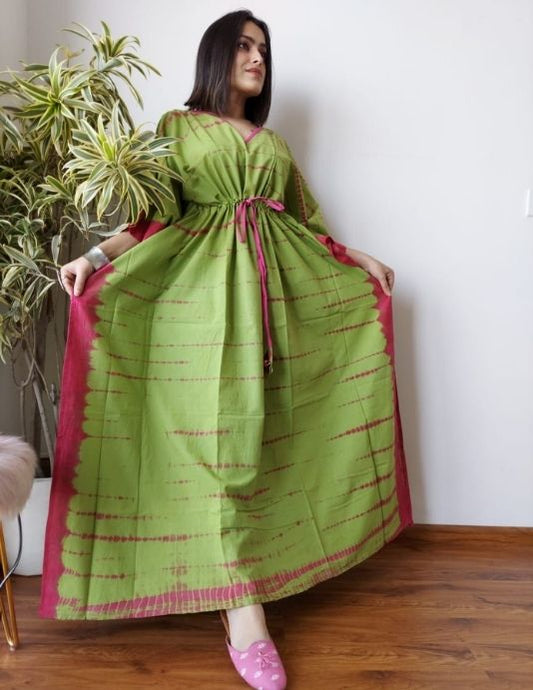 Green & Maroon Hand Block Printed Cotton Kaftan – Free Size
