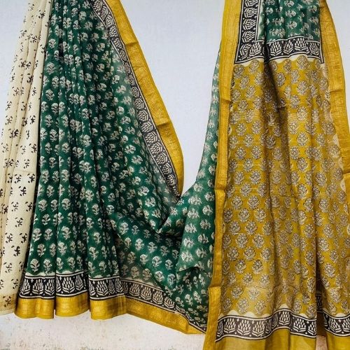 Elegant Green & Mustard Maheshwari Silk Saree – Handloom Pure Silk