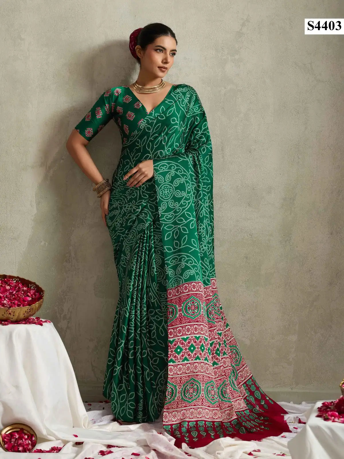 Premium Green Bandhani Printed Satin Saree – Festive & Party Wear Elegance