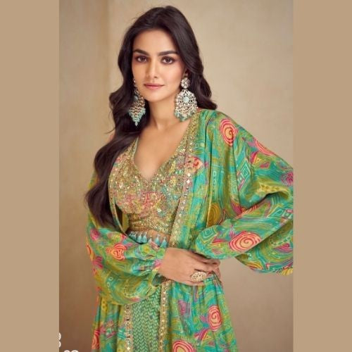 Designer Green Printed Indo Western Dress