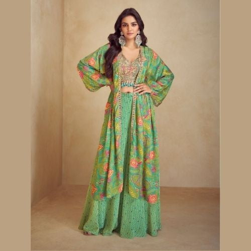 Designer Green Printed Indo Western Dress for Women with Jacket