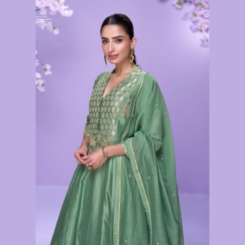 Designer Green Roman Silk Palazzo Suit with Embroidered Dupatta