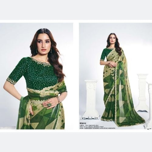 Green Two Tone Satin Silk Saree with Stone Work & Abstract Print