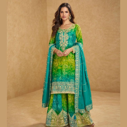 Designer Green & Teal Chinon Silk Party Wear Palazzo Suit