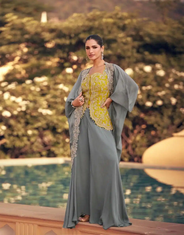 Grey Premium Indo Western Silk Dress with Yellow Embroidered Blouse