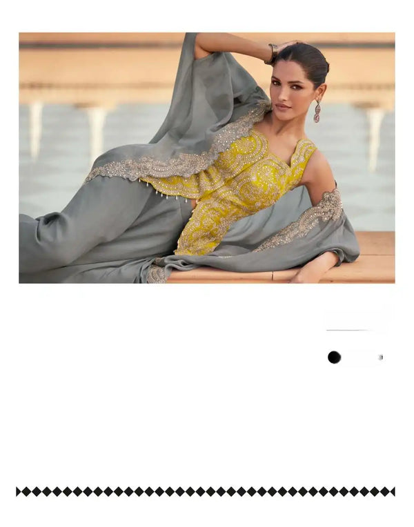 Grey Indo Western Dress with Yellow Embroidered Silk Blouse