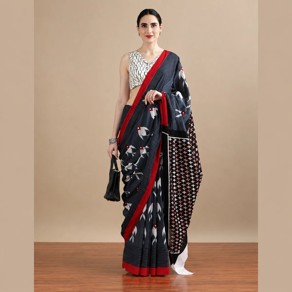 Grey & Red Printed Cotton Mulmul Saree with Geometric Patterns