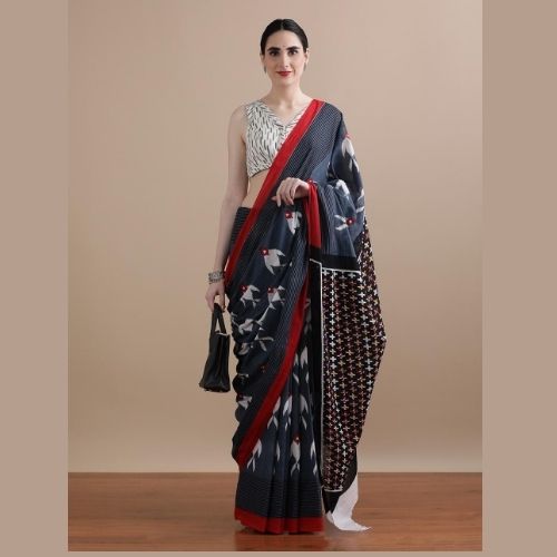 Grey and Red Mulmul Cotton Saree – Soft Handloom Saree for Elegant Everyday Style