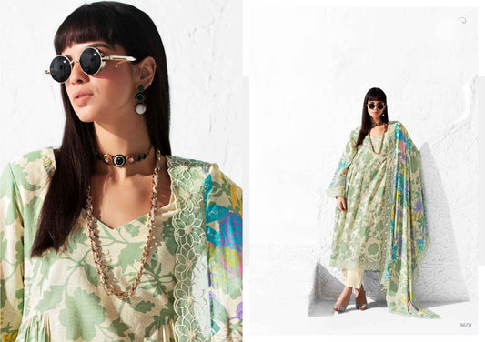 Pastel Green Floral Printed Muslin Suit with Chinon Dupatta