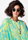 Lime Blue Muslin Suit Set with Floral Chinon Dupatta