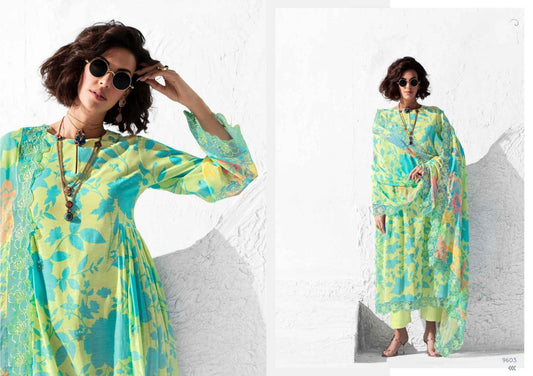 Lime Blue Muslin Suit Set with Floral Chinon Dupatta