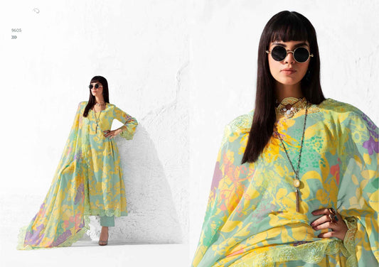 Pastel Yellow Printed Muslin Suit Set with Chinon Dupatta