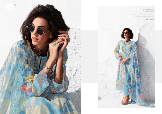 Sky Blue Floral Embroidered Muslin Suit with Chinon Dupatta