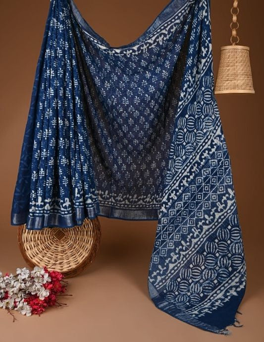 Indigo Blue Hand Block Printed Linen Saree with Blouse